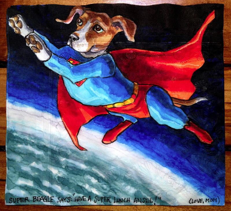 Illustration for article titled Artist draws superpowered canines on her sons' lunch napkins